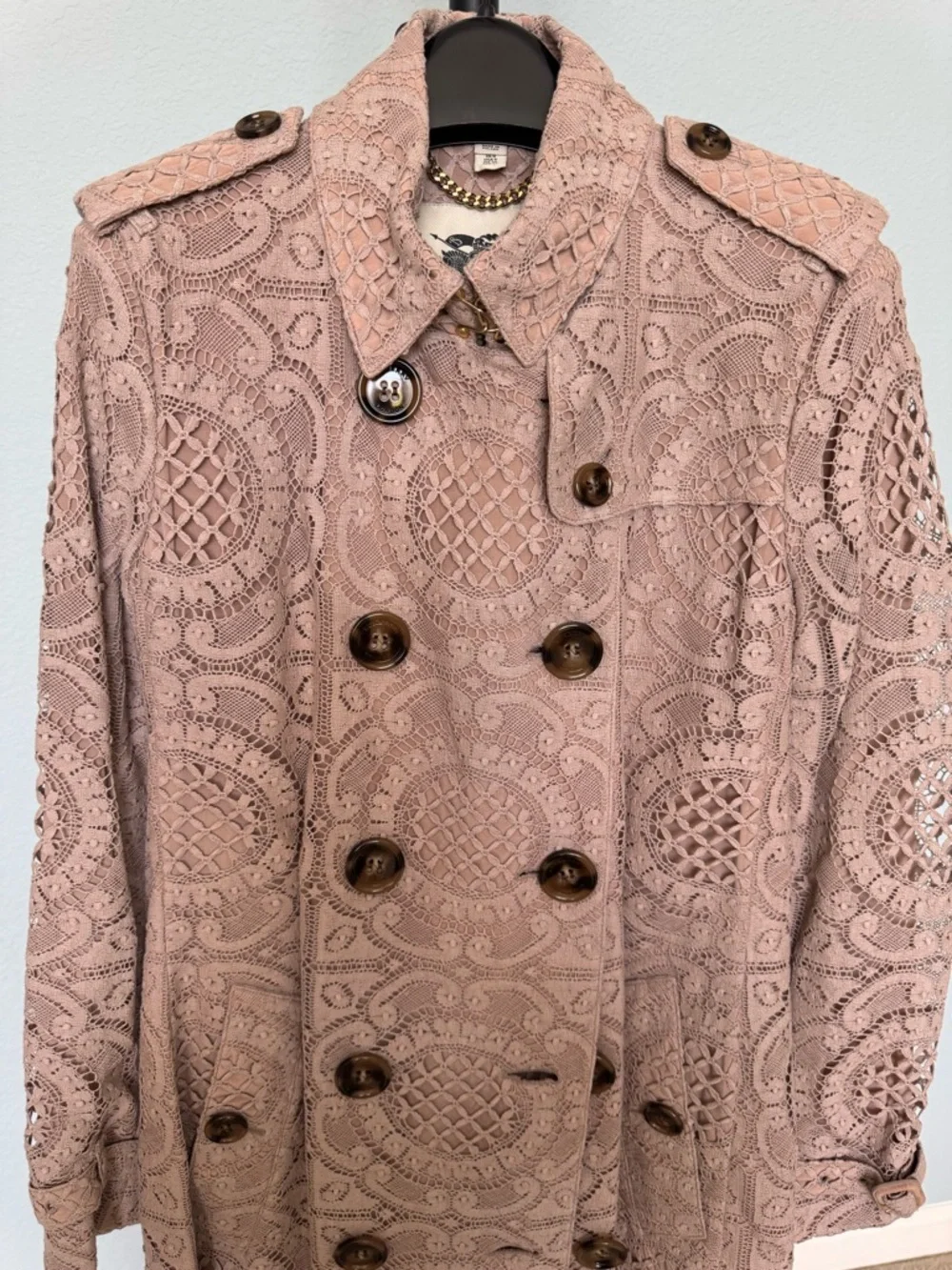 Burberry Lace Overlay Double-Breasted Trench Coat in Dusty Rose - Picture 10 of 12